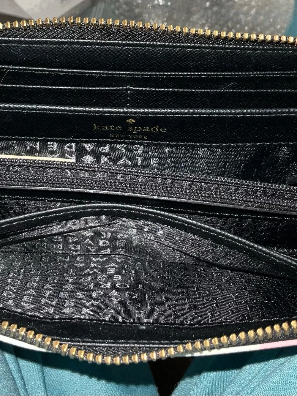 kate spade Black Leather Zip-Around Card Wallet with Gold Hardware